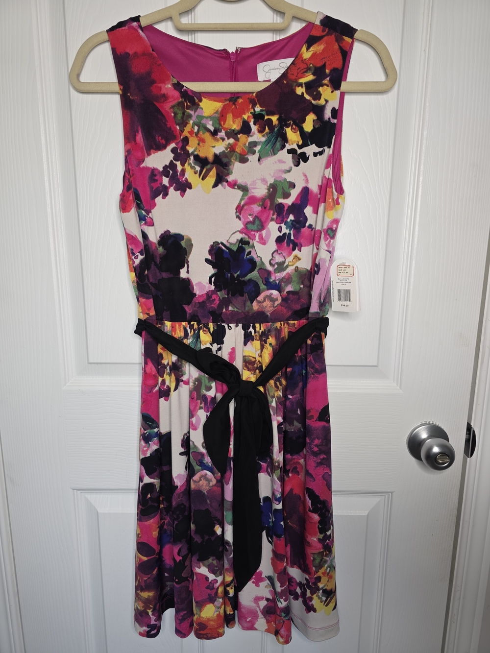 NWT Jessica Simpson Floral Sleeveless Fit-and-Flare Dress with Black Waist Tie - Picture 2 of 16